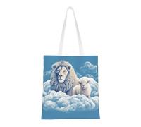 BSCKKDMN Green Peacock Feather Tote Bag For Women,Canvas Shoulder Bags With Pockets Shopping Bag Cute Reusable Grocery Bags, Lamb With a Lion, One Size