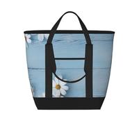 BSCKKDMN Large Insulated Lunch Bag For Women Men, Leak Proof Waterproof Cooler Bag Reusable Grocery Tote Bag For Travel Beach Picnic White Flowers Light Blue Wood Lightweight Handbag