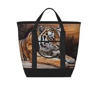 BSCKKDMN Large Insulated Lunch Bag For Women Men, Leak Proof Waterproof Cooler Bag Reusable Grocery Tote Bag For Travel Beach Picnic Tiger Lying On Wood Lightweight Handbag