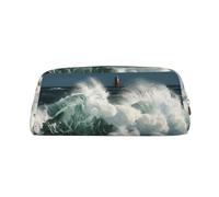 BSCKKDMN Leather Pencil Case Cute Zipper Pencil Pouch Pen Bag Multifunctional Travel Makeup Cosmetic Bag The Sea Waves Key Pouch For Women Men Work Office