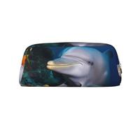BSCKKDMN Leather Pencil Case Cute Zipper Pencil Pouch Pen Bag Multifunctional Travel Makeup Cosmetic Bag Dolphin On Coral Key Pouch For Women Men Work Office