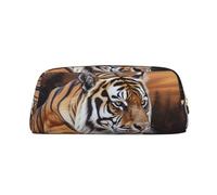 BSCKKDMN Leather Pencil Case Cute Zipper Pencil Pouch Pen Bag Multifunctional Travel Makeup Cosmetic Bag Tiger Lying On Wood Key Pouch For Women Men Work Office