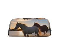 BSCKKDMN Leather Pencil Case Cute Zipper Pencil Pouch Pen Bag Multifunctional Travel Makeup Cosmetic Bag Sunsets Lake Horses Key Pouch For Women Men Work Office