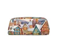 BSCKKDMN Leather Pencil Case Cute Zipper Pencil Pouch Pen Bag Multifunctional Travel Makeup Cosmetic Bag Watercolor Magic Christmas Village Key Pouch For Women Men Work Office