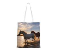 BSCKKDMN Panda Cartoon Tote Bag For Women,Canvas Shoulder Bags With Pockets Shopping Bag Cute Reusable Grocery Bags, Sunsets Lake Horses, One Size