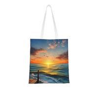 BSCKKDMN Tiger Lying On Wood Tote Bag For Women,Canvas Shoulder Bags With Pockets Shopping Bag Cute Reusable Grocery Bags, Sunset Sea, One Size