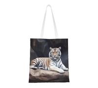 BSCKKDMN Tiger Lying On Wood Tote Bag For Women,Canvas Shoulder Bags With Pockets Shopping Bag Cute Reusable Grocery Bags, Tiger Sitting on Rock Animal, One Size