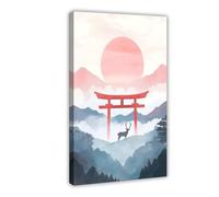 BSDFDFAA Japanese Sunrise Deer Poster， Torii Gate Wall Art Canvas Poster Wall Art Decor Print Picture Paintings for Living Room Bedroom Decoration 16x24inch(40x60cm)