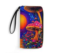 BSDFGSDD Trippy Mushrooms World Art Leather Wallet 7.8 X 4.1 X 1.4 Inches | Portable Zipper Large Capacity Credit Card Holder Wallets With Rope For Women For Everyday Use Travel