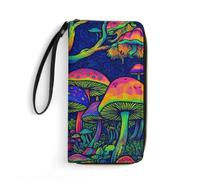 BSDFGSDD Trippy Mushrooms World Arts Leather Wallet 7.8 X 4.1 X 1.4 Inches | Portable Zipper Large Capacity Credit Card Holder Wallets With Rope For Women For Everyday Use Travel
