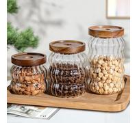 BSDLZCH 3-piece Set of Miscellaneous Grain Glass Storage Jars, Hammer Patterned Acacia Wood Lid Sealed Jars, Coffee Bean Storage Jars, Storage Bottles(340ml+550ml+700ml)