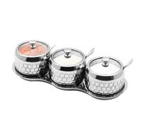 BSDLZCH 3pcs/set Stainless Steel Sugar Bowl Coffee Seasoning Jar Condiment Pot Spice Container Canister Cruet with Glass Lid and Spoon (Steel Tray)