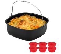 BSDLZCH 8inch Square Non Stick Cake Mold Air Fryer Liners Pan Stainless Steel Baking Tray Pan Roasting Basket Bakeware Mold Fryer Accessorie(with 6 Mugs)