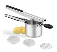 BSDLZCH Heavy-Duty Potato Masher with 3 Interchangeable Cutter Plates, Food-Grade Stainless Steel Potato Masher for Fluffy Mashed Potatoes, Vegetable and Fruit Masher (Silver)