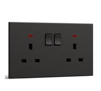BSEED Double Electric Plug Socket, Electrical Double Switched Power Plug Wall Socket with LED Indicator, PC Wall Plate Outlet, Black, 13A