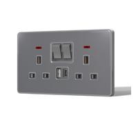 BSEED Double Plug Socket with 20 W USB-C Fast Charging,Switched Wall Plug,Indicator Light,Glass Panel,UK Standard Electric Power,2 Gang with 20W USB A+C,146mm Grey