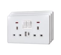 BSEED Double Plug Socket with 20 W USB-C Fast Charging,Switched Wall Plug,Indicator Light,Glass Panel,UK Standard Electric Power,2 Gang-3 Pack,146mm White