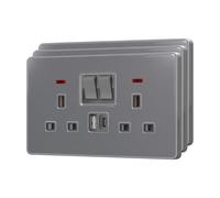 BSEED Double Plug Socket with 20 W USB-C Fast Charging,Switched Wall Plug,Indicator Light,Glass Panel,UK Standard Electric Power,2 Gang-3 Pack,146mm Grey