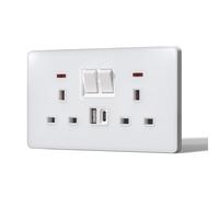 BSEED Double Plug Socket with 20 W USB-C Fast Charging,Switched Wall Plug,Indicator Light,Glass Panel,UK Standard Electric Power,2 Gang with 20W USB A+C,146mm White