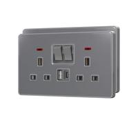 BSEED Double Plug Socket with 20 W USB-C Fast Charging,Switched Wall Plug,Indicator Light,Glass Panel,UK Standard Electric Power,2 Gang-2 Pack,146mm Grey