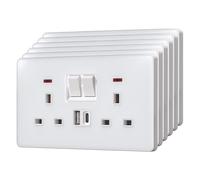 BSEED Double Plug Socket with 20 W USB-C Fast Charging,Switched Wall Plug,Indicator Light,Glass Panel,UK Standard Electric Power,2 Gang-6 Pack,146mm White