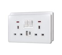 BSEED Double Plug Socket with 20 W USB-C Fast Charging,Switched Wall Plug,Indicator Light,Glass Panel,UK Standard Electric Power,2 Gang-2 Pack,146mm White