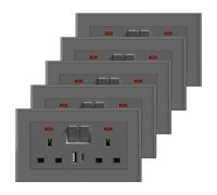 BSEED Double Socket 13A with 2 USB A and USB C 18W, Double Switched Socket 2 Gang UK Standard, Switched Outlet with Glass Panel, Electric Power Outlet Grey, 5 Pack