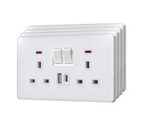 BSEED Double Socket with 20W USB-C Fast Charging,Glass Switched Wall Sockets,13A Electrical outlets with LED Indicator,Screws Included,2 Gang(20W)-4 Pack,146mm White