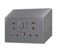BSEED Double Socket with 20W USB-C Fast Charging,Glass Switched Wall Sockets,13A Electrical outlets with LED Indicator,Screws Included,2 Gang(20W)-6 Pack,146mm Grey