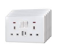 BSEED Double Socket with 20W USB-C Fast Charging,Glass Switched Wall Sockets,13A Electrical outlets with LED Indicator,Screws Included,2 Gang(20W)-5 Pack,146mm White