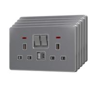 BSEED Double Socket with 20W USB-C Fast Charging,Glass Switched Wall Sockets,13A Electrical outlets with LED Indicator,Screws Included,2 Gang(20W)-5 Pack,146mm Grey
