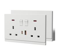 BSEED Double Socket with 20W USB C Fast Charging,Tactile Finish Switched Wall Sockets,13A Electric Power Outlet,Individual Control & LED Indicator,Designer Wall Plate,Double(20W)-2 Pack,146mm White