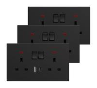 BSEED Double Socket with USB C 3 Pack, Electrical Double Switched Power Plug Wall Socket with LED Indicator, PC Wall Plate Outlet, Black, 13A