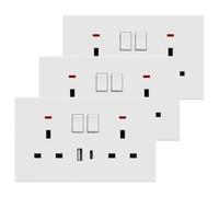 BSEED Double Socket with USB C 3 Pack, Electrical Double Switched Power Plug Wall Socket with LED Indicator, PC Wall Plate Outlet, White, 13A