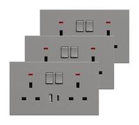 BSEED Double Socket with USB C 3 Pack, Electrical Double Switched Power Plug Wall Socket with LED Indicator, PC Wall Plate Outlet, Grey, 13A