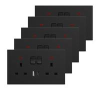 BSEED Double Socket with USB C 5 Pack, Electrical Double Switched Power Plug Wall Socket with LED Indicator, PC Wall Plate Outlet, Black, 13A