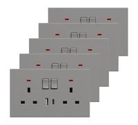 BSEED Double Socket with USB C 5 Pack, Electrical Double Switched Power Plug Wall Socket with LED Indicator, PC Wall Plate Outlet, Grey, 13A