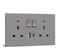 BSEED Double Socket with USB C, Electrical Double Switched Power Plug Wall Socket with LED Indicator, PC Wall Plate Outlet, Grey, 13A