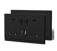 BSEED Double Socket with USB C,Tactile Finish Switched Wall Sockets,13A Electric Power Outlet,Individual Control & LED Indicator,Designer Wall Plate,Double-2 Pack,146mm Black