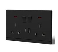 BSEED Double Socket with USB C,Tactile Finish Switched Wall Sockets,13A Electric Power Outlet,Individual Control & LED Indicator,Designer Wall Plate,Double with USB C,146mm Black