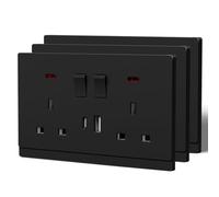 BSEED Double Socket with USB C,Tactile Finish Switched Wall Sockets,13A Electric Power Outlet,Individual Control & LED Indicator,Designer Wall Plate,Double-3 Pack,146mm Black