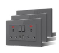 BSEED Double Socket With USB C,UK Standard 2 Pole Electric Power Sockets,Glass Plug Wall Socket with LED Indicator,Main Port Control Switch,2 Gang-3 Pack,146mm Grey