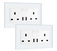 BSEED Double Switched Sockets with Two USB Charging Ports, UK Standard Electric Power Sockets with Glass Panel, 2 Gang 13A Wall Socket, White, 2 Pack