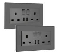 BSEED Double Switched Sockets with Two USB Charging Ports, UK Standard Electric Power Sockets with Glass Panel, 2 Gang 13A Wall Socket, Gery, 2 Pack