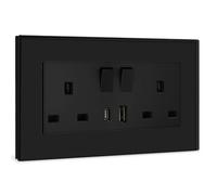 BSEED Double Switched Sockets with USB C and USB A Charging Ports, UK Standard Electric Power Sockets with Glass Panel, 2 Gang 13A Wall Socket, Black