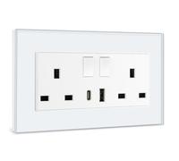 BSEED Double Switched Sockets with USB C and USB A Charging Ports, UK Standard Electric Power Sockets with Glass Panel, 2 Gang 13A Wall Socket, White