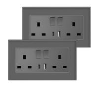 BSEED Double Switched Sockets with USB C and USB A Charging Ports, UK Standard Electric Power Sockets with Glass Panel, 2 Gang 13A Wall Socket, Grey,2 Pack