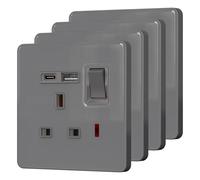 BSEED Plug Socket with 20 W USB-C Fast Charging,Switched Wall Plug,Indicator Light,Glass Panel,UK Standard Electric Power,1 Gang-4 Pack,86mm Grey