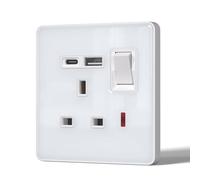 BSEED Plug Socket with 20 W USB-C Fast Charging,Switched Wall Plug,Indicator Light,Glass Panel,UK Standard Electric Power,1 Gang with 20W USB A+C,86mm White