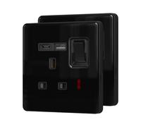 BSEED Plug Socket with 20 W USB-C Fast Charging,Switched Wall Plug,Indicator Light,Glass Panel,UK Standard Electric Power,1 Gang-2 Pack,86mm Black